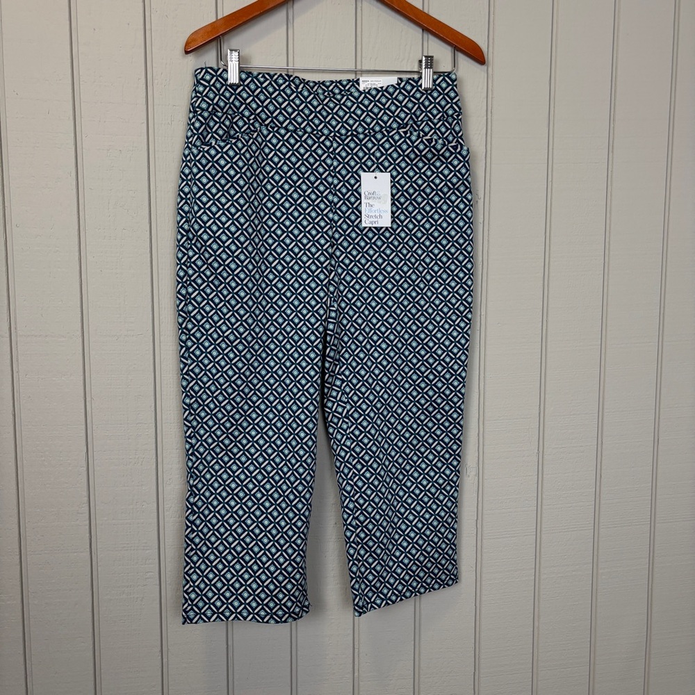 NWTCroft Barrow Effortless Stretch AnklePants Womens Teal Geometric Pull On Sz 8